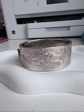Coro Silver-Tone Floral Engraved Wide Bangle Bracelet